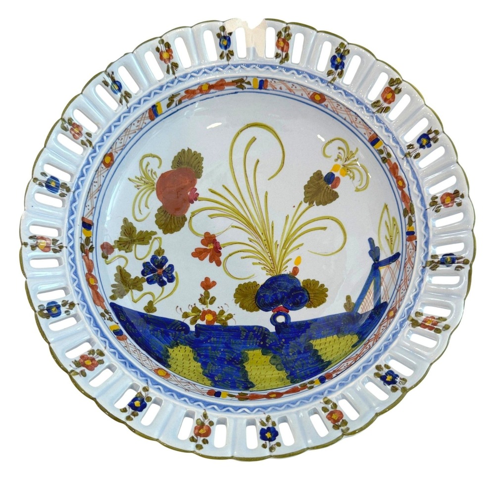 Bowl Plate M. Melandri Faenza Hand Painted Italian Pierced Rim Floral Damaged